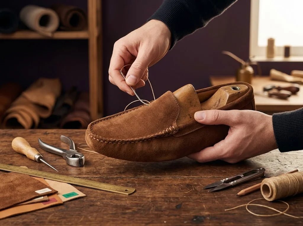 Hand sewing moccasin upper