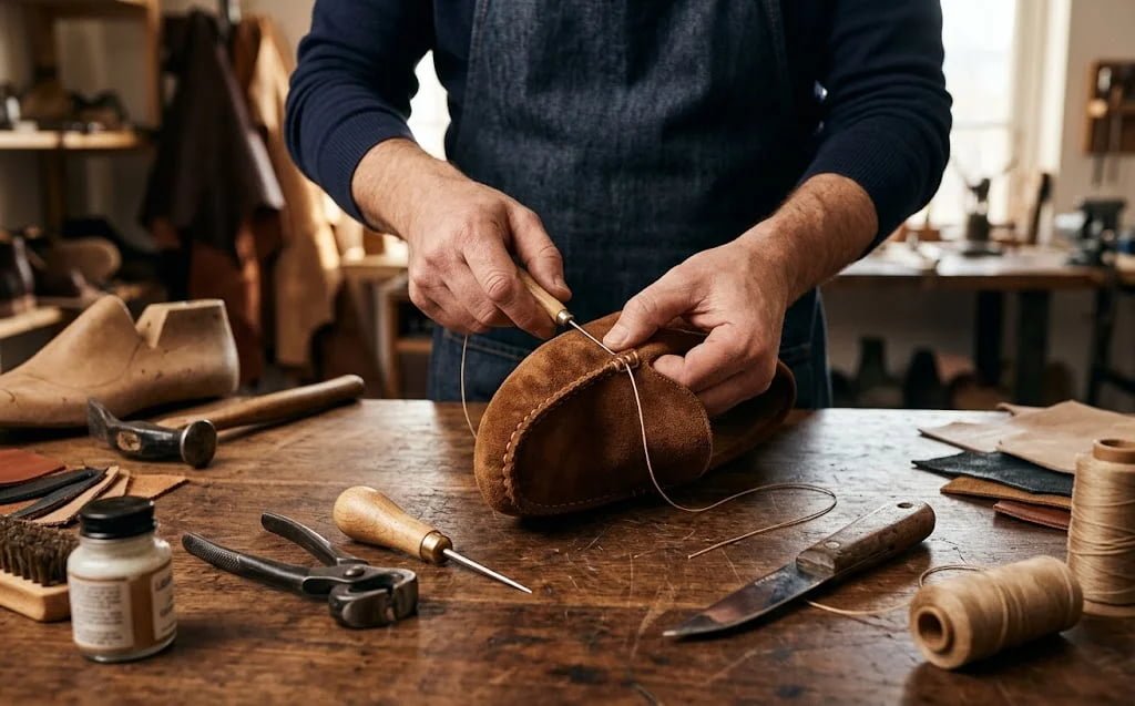Hand stitching moccasin upper
