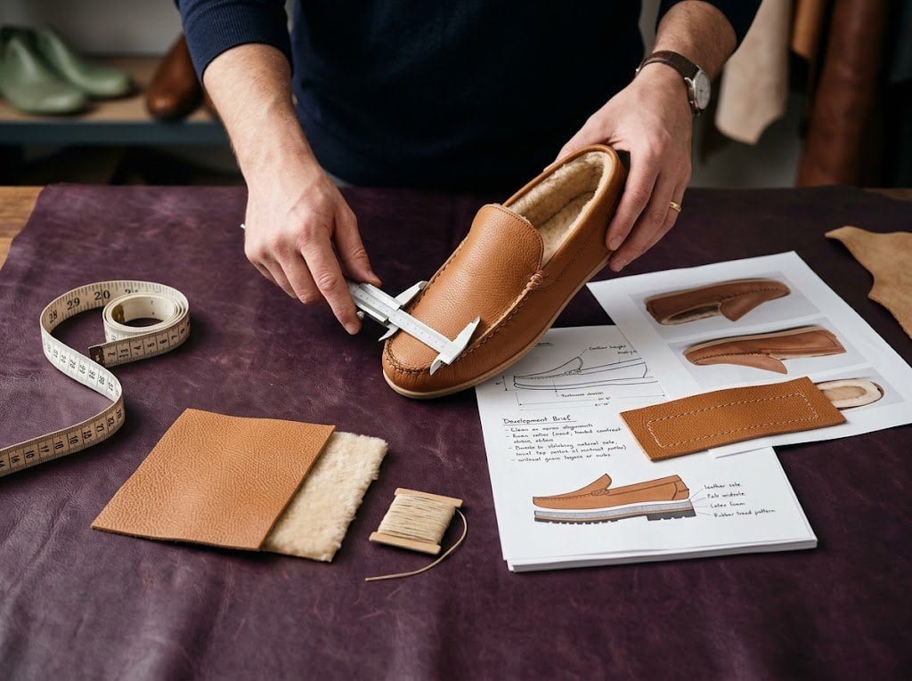 Moccasin slipper sample review before testing